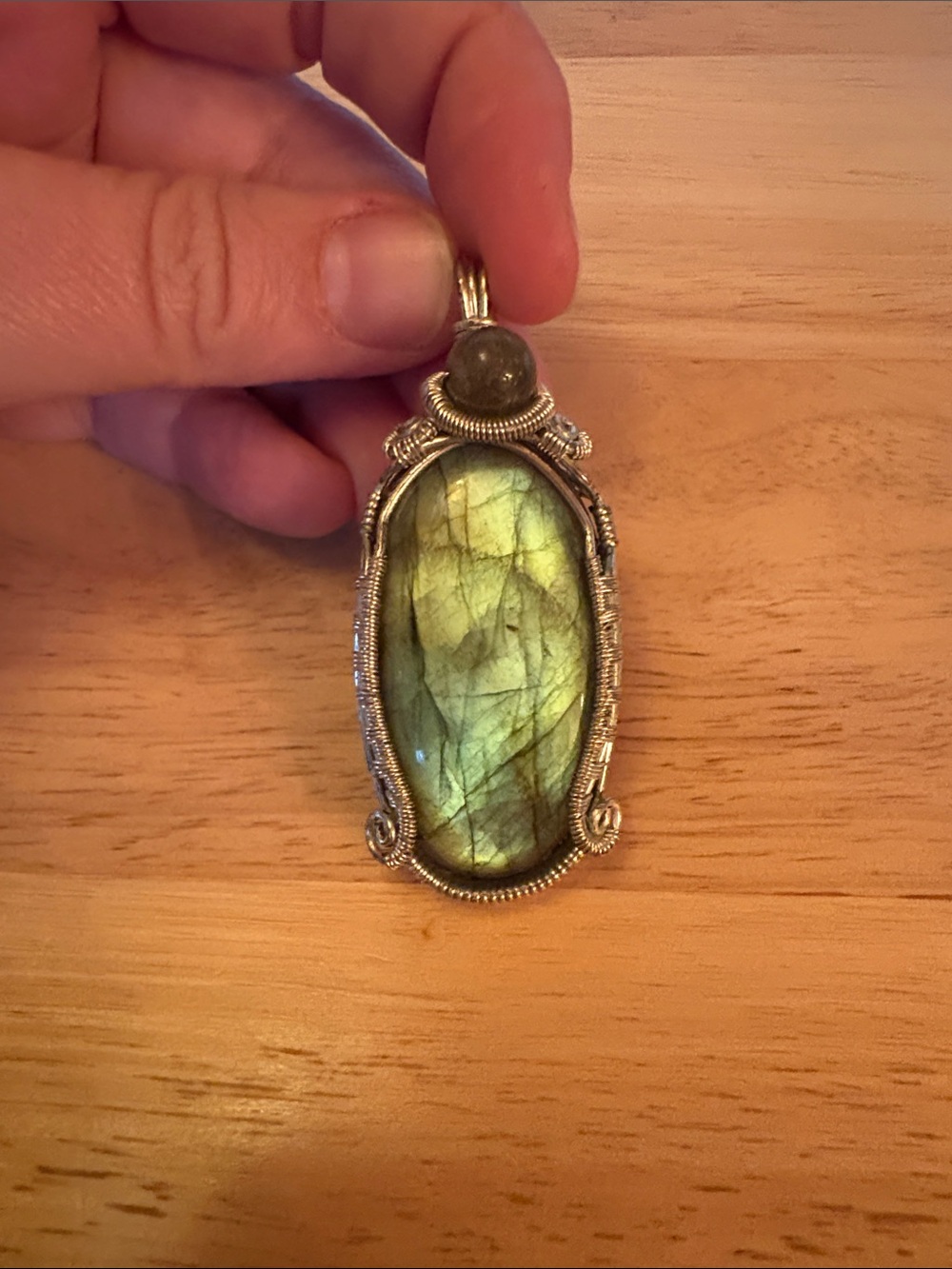 Labradorite Oval Wire-Wrapped Pendant in Green